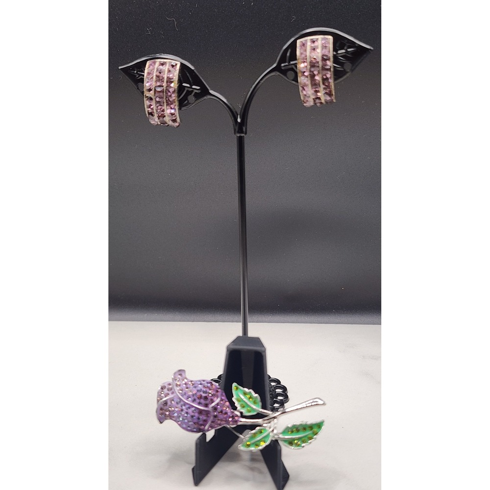 Purple Crystal Rose Brooch and Clip On Earring Set Silver Tone Floral Jewelry